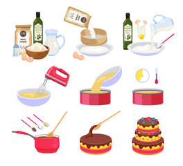 Cake preparation steps cartoon illustration set. Mixing ingredients for dough, baking pastries. Birthday chocolate frosted cake. Dessert recipe, instruction for cooking pie concept