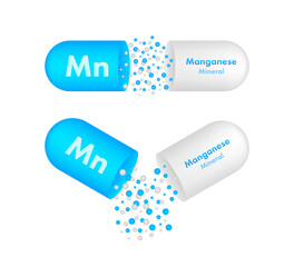 Mn mineral for medical design. Manganum Mineral blue pill icon. Vector stock illustration