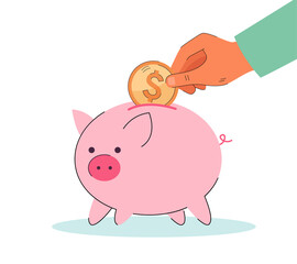 Hand putting coin in the moneybox in shape of pig. Person saving money by putting gold coins in piggybank flat vector illustration. Savings, finances, banking concept for banner or landing web page