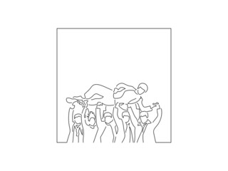 Happy friends in line art drawing style. Composition of a group of business people. Black linear sketch isolated on white background. Vector illustration design.