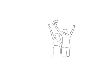 Happy friends in line art drawing style. Sport celebration of a group of young people. Black linear sketch isolated on white background. Vector illustration design.