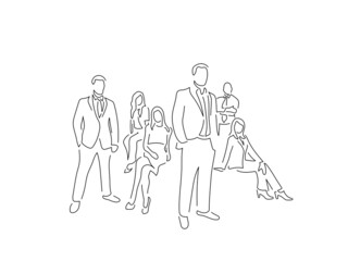 Happy teamwork in line art drawing style. Composition of a group of business people. Black linear sketch isolated on white background. Vector illustration design.