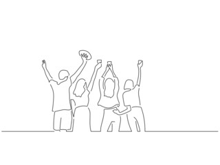Fototapeta na wymiar Happy friends in line art drawing style. Sport celebration of a group of young people. Black linear sketch isolated on white background. Vector illustration design.