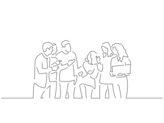 Happy friends in line art drawing style. Composition of a group of casual people using technology. Black linear sketch isolated on white background. Vector illustration design.