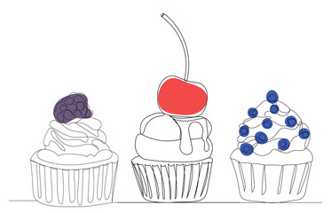 cakes drawing by one continuous line, sketch, vector