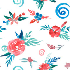 Fototapeta na wymiar Watercolor seamless floral pattern with red and blue flowers and leaves. 