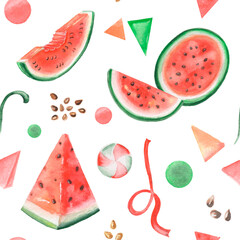 Watercolor hand-drawn seamless summer pattern. Botanical tropical print with watermelon. Art for fruity packs, fabrics, textiles etc.
