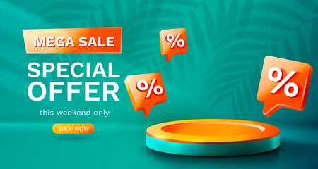 Mega sale special offer, Stage podium percent, Stage Podium Scene with for Award, Decor element background. Vector