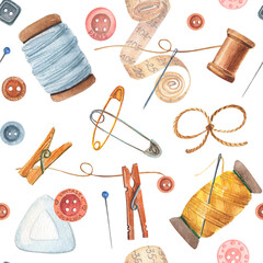 Watercolor seamless pattern of sewing tools. Colorful needles, sew, buttons and pins. Hobby art. 