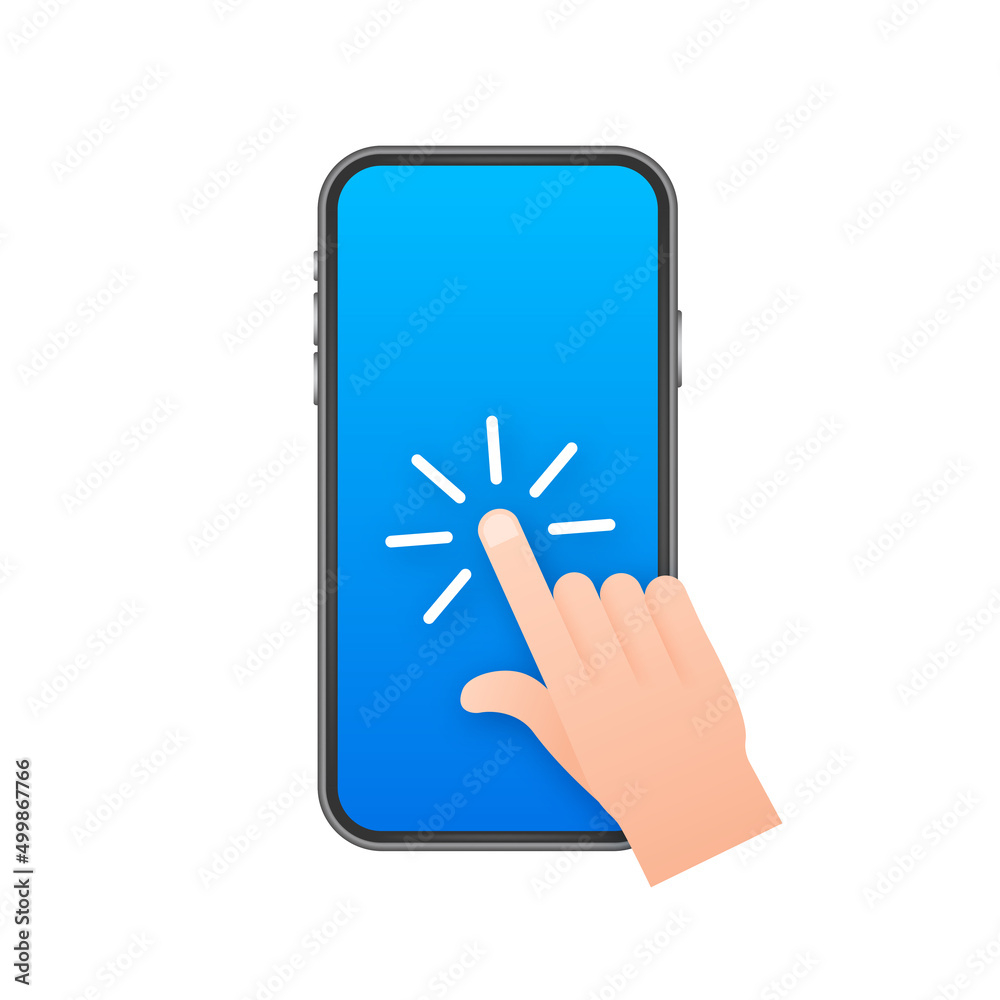 Poster click smartphone. empty screen, phone mockup. device mockup. cursor icon vector. hand pointer vector
