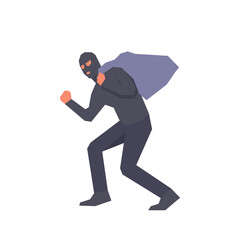 Masked robber carrying stolen items simple flat vector character illustration.