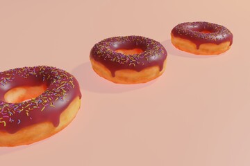 three donut with pink icing and sprinkles, 3D Rendering white background illustration