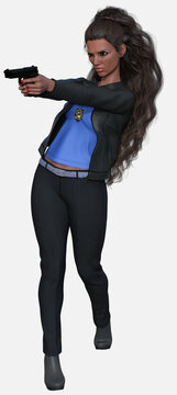 Full body portrait of Kiara, a dark-haired beautiful young woman standing on an isolated white background holding a football. Kiara is a 3D illustration character model render