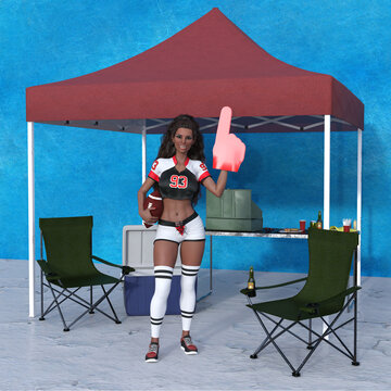 3D Illustration Computer Rendering Of Kiara, A Character Tailgating In A Parking Lot With Her Foam Finger, Football, And Camp Set As She Wears A Football Jersey Rooting For The Home Team! 