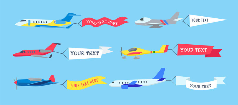 Aircrafts in sky with banners for text cartoon illustration set. Plane, airplane, airline, biplane flying with advertising ribbons, flags. Flying advertising, aviation, transportation, flight concept