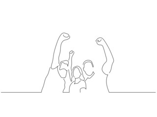 Happy teammates in line art drawing style. Sport celebration of a group of young people. Black linear sketch isolated on white background. Vector illustration design.