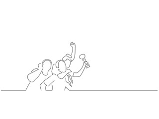 Happy teammates in line art drawing style. Sport celebration of a group of young people. Black linear sketch isolated on white background. Vector illustration design.