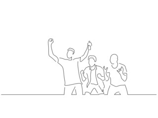 Happy teammates in line art drawing style. Sport celebration of a group of young people. Black linear sketch isolated on white background. Vector illustration design.