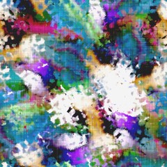 Messy summer tie dye batik beach wear pattern. Seamless colorful stain space dyed effect fashion. Washed out soft furnishing background. 