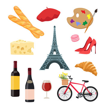 Symbols of French culture cartoon illustration set. Eiffel Tower, bottles and glasses of wine, baguette and croissant, macaron, palette with paint brush. Trip to Paris, landmark, food, France concept