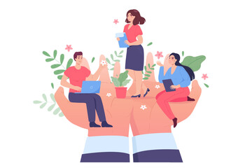 Tiny work persons on huge hands. Wellbeing and support of employee community in workplace flat vector illustration. Security, care, labor protection, management concept for banner or landing web page