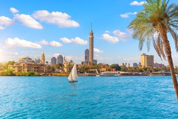 Cairo downtown, view on Gezira Island in the Nile and sailboat, Egypt, Africa - obrazy, fototapety, plakaty