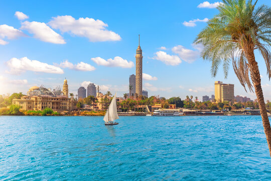 Cairo downtown, view on Gezira Island in the Nile and sailboat, Egypt, Africa