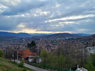Panorama of Sarajevo, hill Hum and distant mountains Igman, Vranica and Bitovnja seen from Zmajevac...