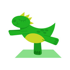 Cartoon cute dinosaur keeps balance. Vector illustration. Dinosaur doing yoga on mat. Yoga asanas. Design element. Dinosaur image isolated on white background