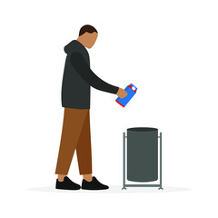 Male character throws away a carton of milk or juice into the trash on a white background