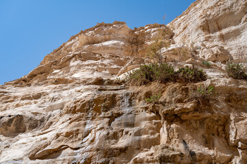Trail head of the Canyon of Ein Avdat National Park, oasis in the Negev Desert, Southern Israel, Text is: Ein Avdat, Ein Mor
