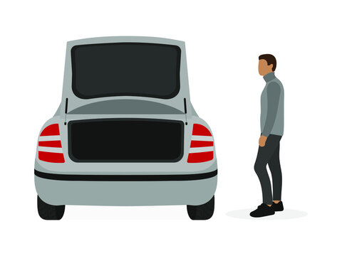 A Male Character Is Standing Near A Car With An Open Trunk On A White Background