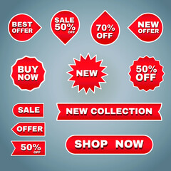 Shopping labels and offers set vector - Red collection of sales and promotions labels vector.
