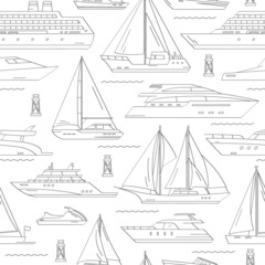 Hand drawn maritime ships. Vector seamless pattern of outline ship at sea, sail boats, speed boat, yacht, liner, sailboat, cruiser and cargo ships. Water ocean transport boat. Sea marine travel