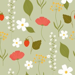 Seamless vector floral pattern of white and red flowers,leaves, strawberries, leaves for textile drawing, wallpaper,wrapping paper, background
