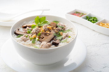 Boiled Rice porridge with minced pork and shiitake mushrooms.Thai rice soup(Khao Tom moo...