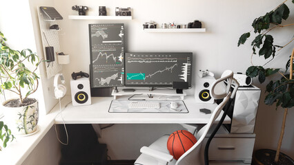 Comfortable home office of a trader with several monitors in bright colors.