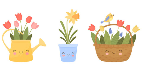 Seamless vector pattern with bouquets and pots of spring flowers. Cheerful faces are smiling. © Елена Хмельнюк