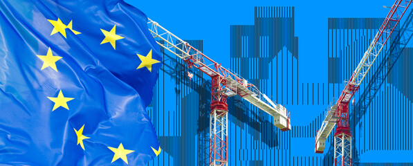 Building activity in Europe - concept with an imaginary cityscape against an European flag and...