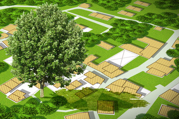 Imaginary cadastral map with lone tree on a green area of a public park - concept image with copy...
