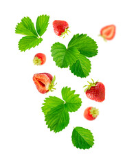 Flying strawberry berries and green leaves on a white background.