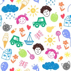 Childish seamless pattern with funny doodles