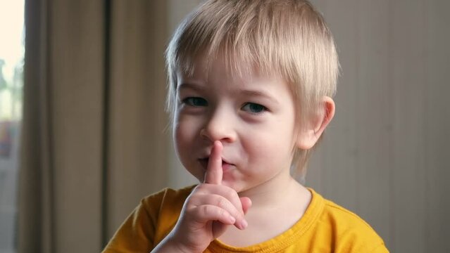 Boy with finger on lips. Child saying hush, gesturing for quiet or shushing indoors over home interior background. Little blonde kid doing silence gesture. Shh. Cute baby has put forefinger to lips.