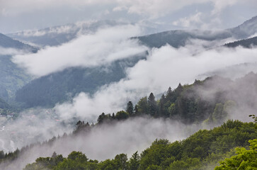 Majestic view on beautiful fog mountains in mist landscape. Dramatic unusual scene. Travel background. Exploring beauty world.