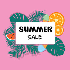 Summer sale banner for a hot season with tropical leaves, fruits, and ice cream. Vector discount poster. Summer time wallpaper. 