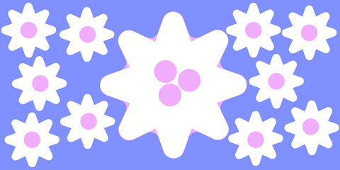 Creative colorful minimalist contemporary art illustration, wall decoration, postcard, album, brochure cover design. Playful composition of flower round shapes. Purple, pink, white colored print.