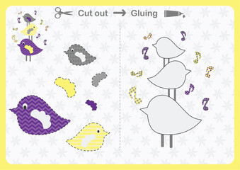 Paper game for the development of preschool children. Cut parts of the image and glue on the paper. Cut and paste children educational game. Vector illustration