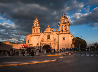 Cajamarca, Peru - circa 2019: Facade of Recoleta church at the afternoon.
