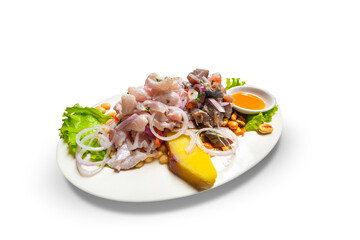 Peruvian ceviche, made with light fish meat such as corvina and dark fish Bonito or tuna