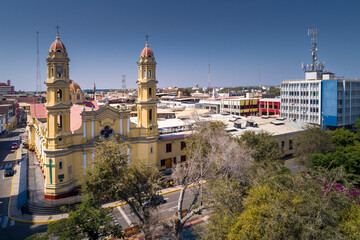 Piura, Peru: aerial drone view of the main square and the cathedral church of the city